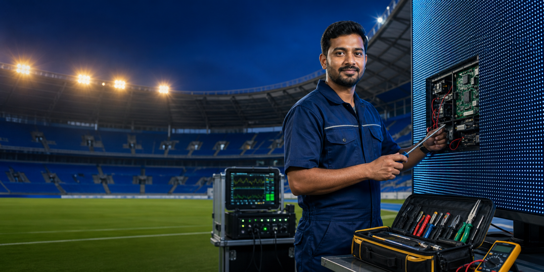 Sonu Electronics technician repairing a stadium LED display